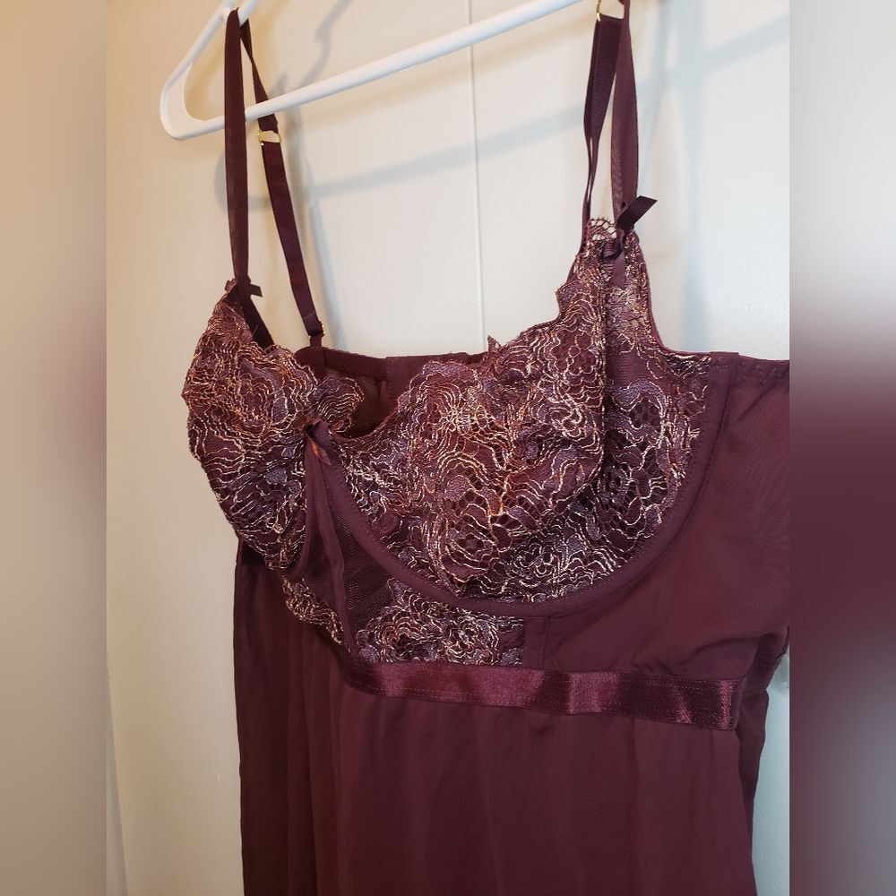 Lane Bryant Cacique Burgundy & Gold Lace Babydoll Lingerie Nightgown 42DD - Picture 3 of 9